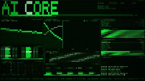 AI Core Dashboard Neural Network Training Monitor Green Terminal. Stock Footage 348195469