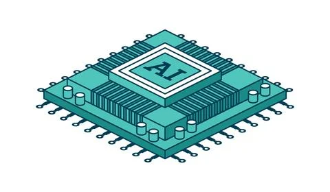 AI CPU microchip. Isometric illustration. Digital processor with circuits a.. Stock Illustration