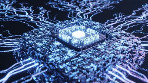 AI CPU microchip processing data with glowing blue circuit pathways for tec.. 動画素材 343214686