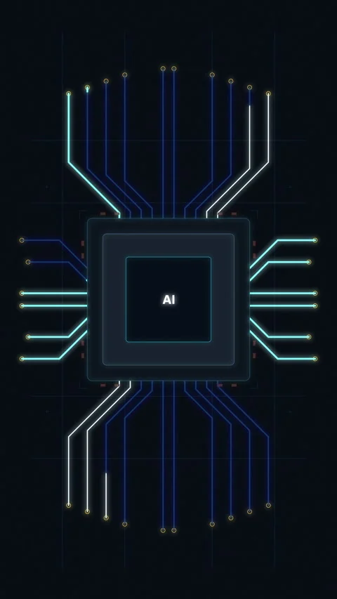 Ai cpu processor chip with data flow circuit lines, technology Stock Footage 347555982
