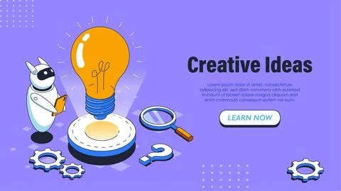 AI creative ideas poster. Robot with large light bulb. Artificial intelligence 스톡 일러스트