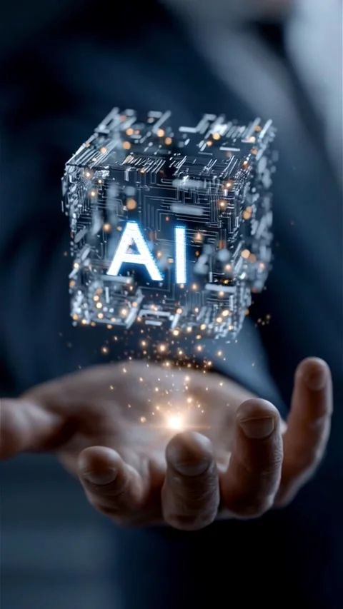 AI Cube Floating Above Hand in Futuristic Tech Scene Stock Footage 312782279