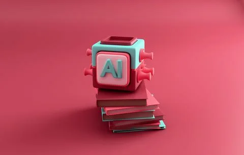 AI cube on pixel book stack pastel technology 3D render Stockillustratie