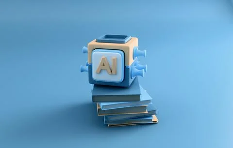AI cube on pixel book stack pastel technology 3D render Stock Illustration