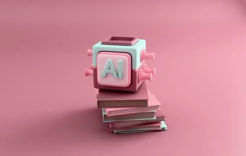 AI cube on pixel book stack pastel technology 3D render Illustrazione stock