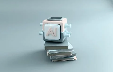 AI cube on pixel book stack pastel technology 3D render Stock Illustration