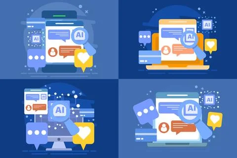 AI customer support illustration set featuring chatbot assistance Ilustración de archivo