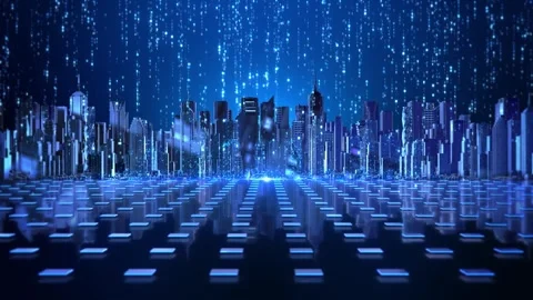 AI Cyber City with Binary Code Rain and Secure Digital Network Stock Footage 342611235