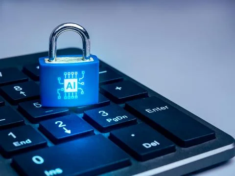 AI cybersecurity and data protection concept featuring secure AI system loc.. Stockfoto's