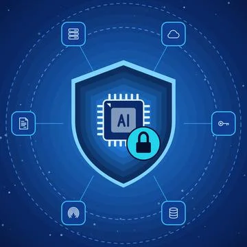 AI cybersecurity shield with padlock and microchip surrounded by cloud, server, Illustrazione stock