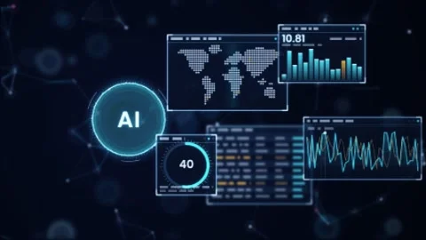 AI dashboard with a dotted world map bar charts waveform panel and progress Vídeo Stock 344719540