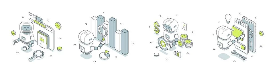AI For Data Analysis And App Development Isometric Vector Illustration Set Stock Illustration