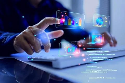 AI data analysis concept with a man using AI artificial intelligence includin Stock Photos