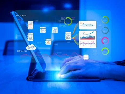 AI data analytics dashboard with machine learning workflow and big data vis.. 写真素材