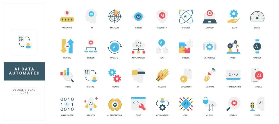 AI Data Automated Flat Icon Set Collection Illustrazione stock