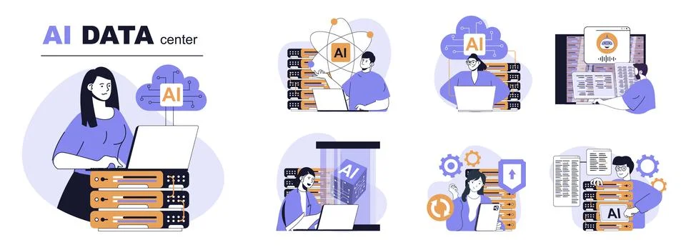 AI data center concept set in flat web design. People in isolated scenes usin Stock Illustration