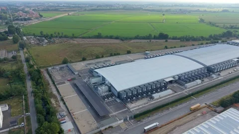 AI Data Center Construction Aerial View in Northern Italy Stock Footage 342185061