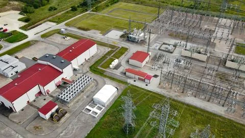 AI data center electrical substation transmitting high voltage power Stock Photos
