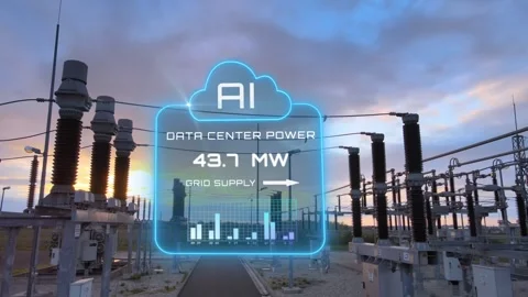 AI data center power overlay on a substation at sunset Stock Footage 346163231