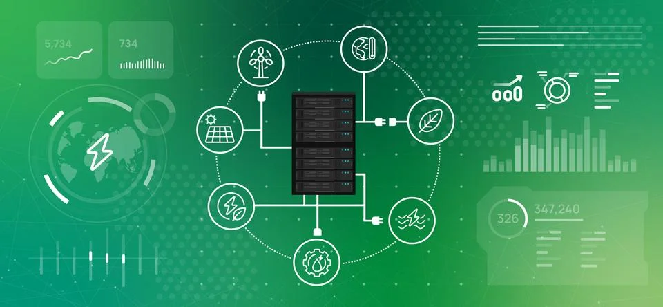 AI data center power server rack with green energy sources and ecological 库存插图