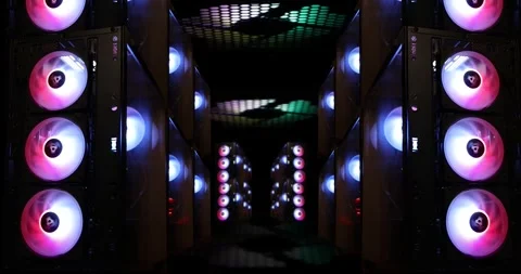 AI data center with rows of illuminated cooling fans Stock Footage 347586622
