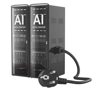 AI data center server racks with power plug and cable. Energy use in artifi.. Stock Illustration