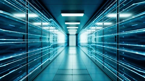 AI Data Center Server Room Corridor with Moving Digital Data Light Lines Stock Footage 346504339