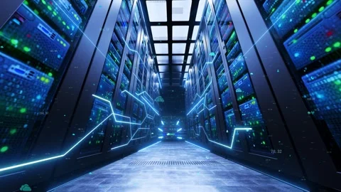 AI Data Center Server Rooms and Data in Motion Stock Footage 343615756