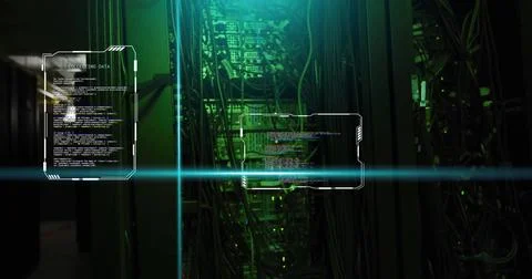 AI data coding image over server racks with green lighting Stock Photos