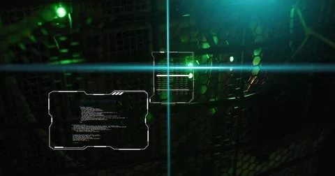AI data coding image over futuristic digital interface with green lights Stock Photos