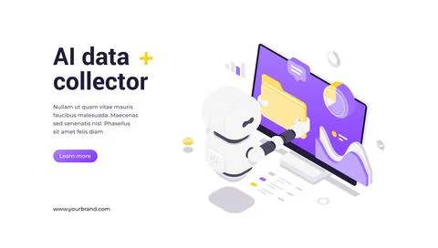 AI Data Collector Modern Isometric Banner Template With Robot And Analytics.. 스톡 일러스트
