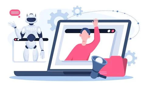 AI data extraction. Woman work with artificial intelligence. Machine learning Illustrazione stock