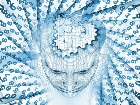 AI Data Head with Numbers and Gears, Digital Technology Concept Stock Illustration