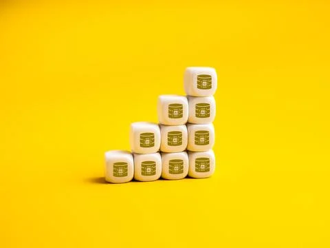 AI data icons on white cube stacked as graph steps on yellow background rep.. 写真素材