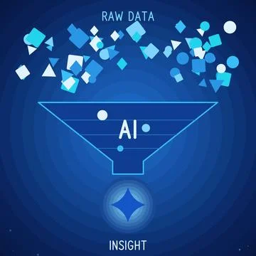 AI data processing funnel concept vector illustration turning raw data into Stock Illustration