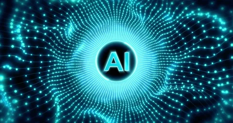 AI Data Transfer Through Abstract Glowing Hi Tech Energy Blue Tunnel with AI Stock Footage 304235157