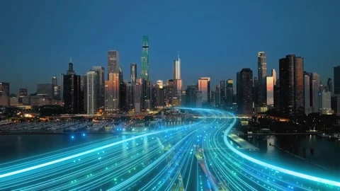 AI data visualization animation overlaying Chicago city skyline at dusk Stock Footage 346894620