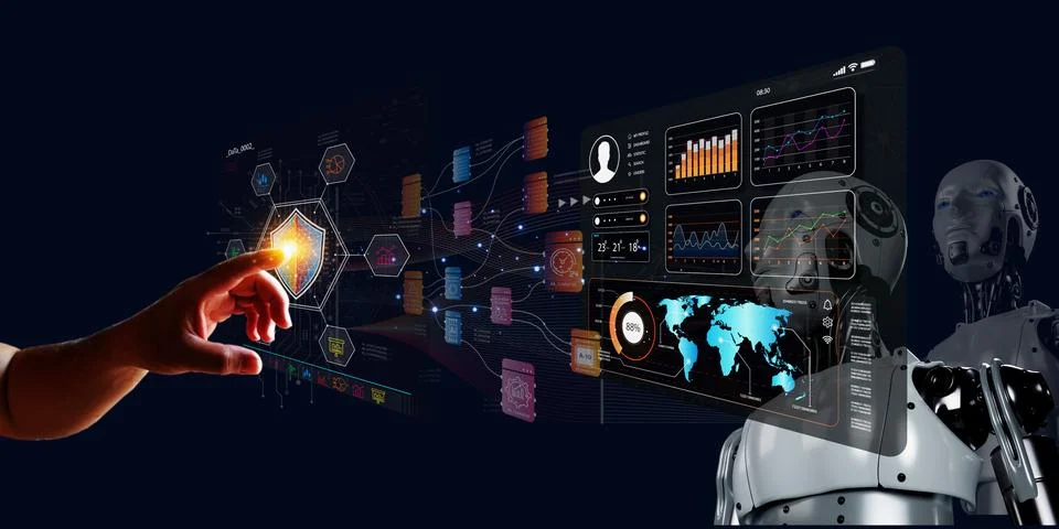 AI, deep learning protect big data information making algorithm firewall ha.. Fotos de archivo