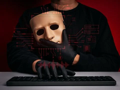 AI deepfake identity concept with hacker holding mask on red, representing .. Stock Photos