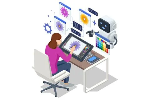 AI design assistant tablet. Isometric robot helping woman designer draw flower イラスト素材