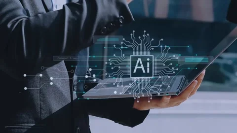 Ai developer types on laptop with futuristic digital display Video stock 325419855