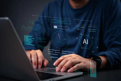 AI developer working on artificial intelligence system with futuristic data.. Stock Photos