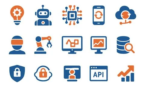 AI Development Icons Set Showing Bulb, Robot, Circuit Board, Phone Sync, Cl.. Stockillustratie
