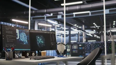 AI development workstation in data center displaying machine learning code Stock Photos