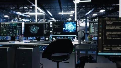 AI development workstations in data center displaying machine learning code Stock Photos