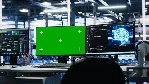 AI development workstations in data center with green screen monitors 스톡 사진