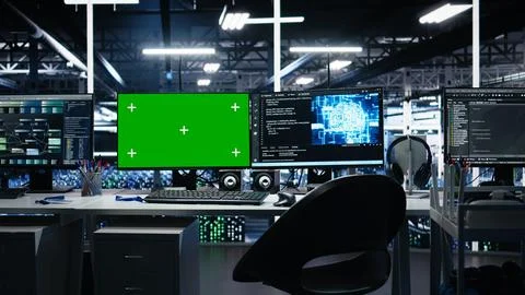 AI development workstations in data center with green screen monitors 스톡 사진