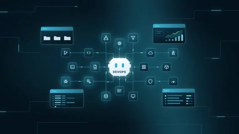 AI DevOps Agent HUD Interface Futuristic Sci-Fi Dashboard Teal Blue Cyan Glow Vídeos de archivo 345094346