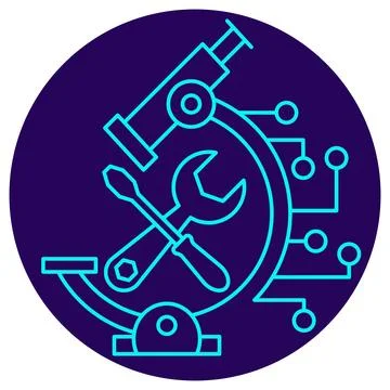 AI Diagnostics Icon. Minimalistic neon outline on a dark blue round backgroun Stock Illustration