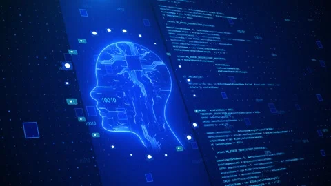 AI digital head code glowing human profile, circuit brain, binary numbers Stock Footage 334120757